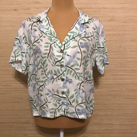 Novelty Blue Bird & Leaf Print 100% Linen Button-up Women's Collared Blouse - Picture 3 of 12